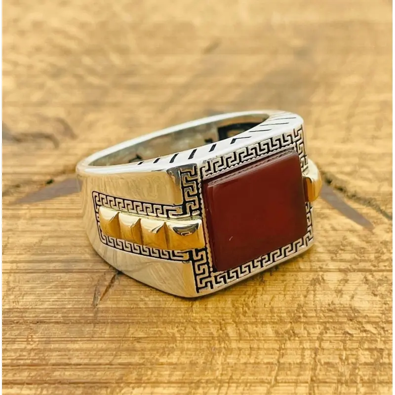 Men's Turkish Handmade Red Agate 925 Sterling Silver Statement Ring