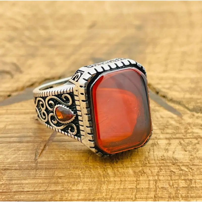 Men's Turkish Handmade Red Aqeeq Stone Ring | 925 Sterling Silver Statement Jewelry Gift