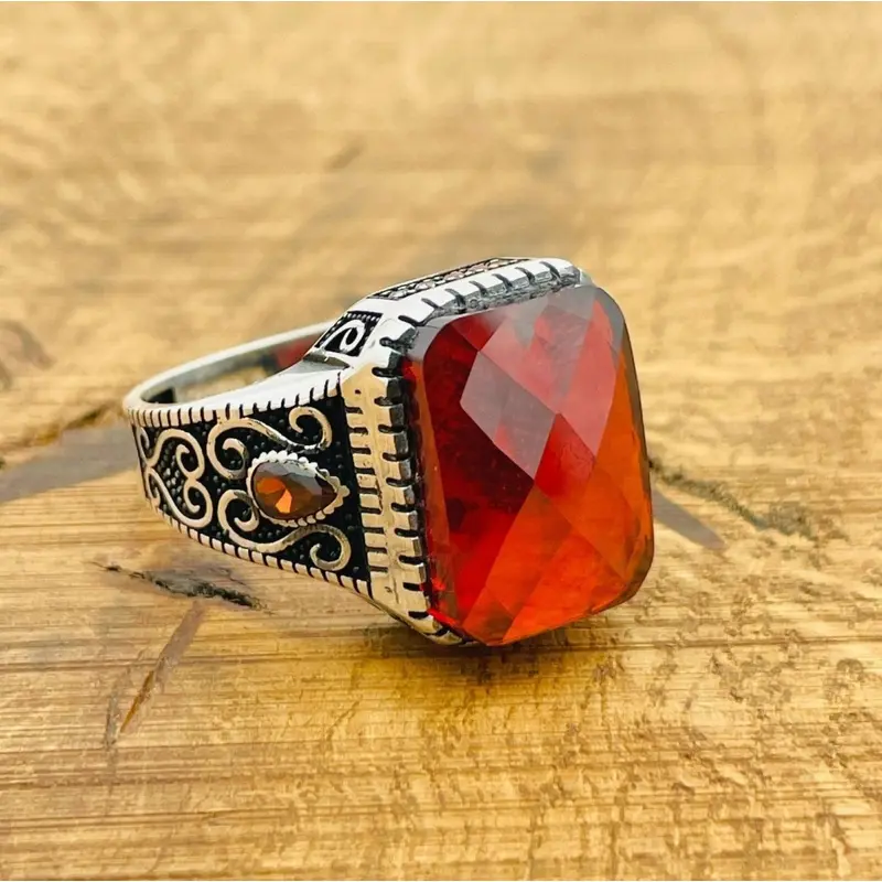 Men's Turkish Handmade Red Zircon 925 Sterling Silver Vintage Ring - Gift For Him