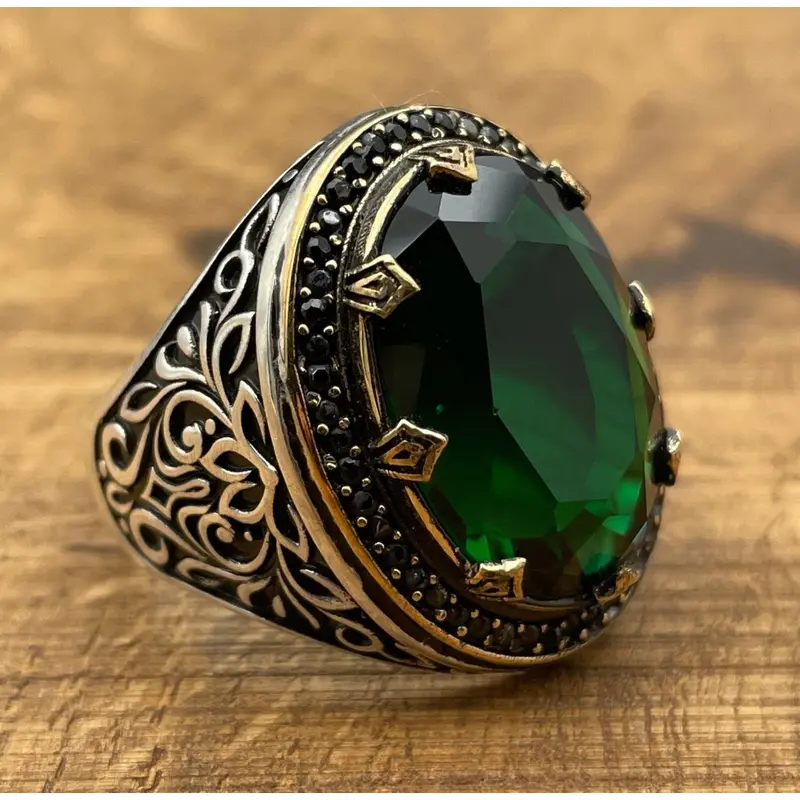 Turkish Handmade Men's 925 Sterling Silver Emerald Ring - Oval Green Gemstone Gift