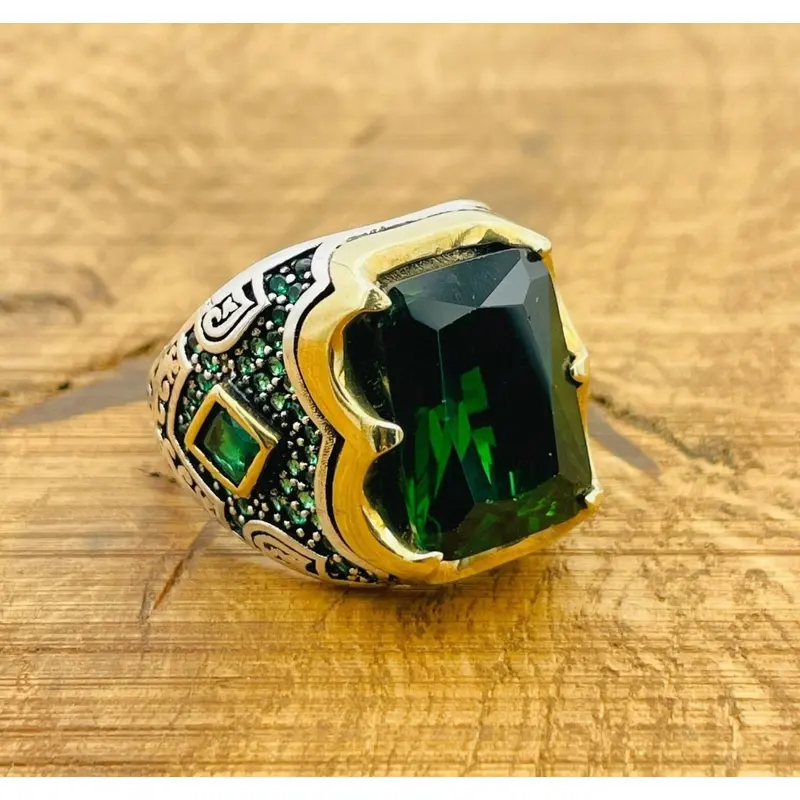 Turkish Handmade Men's Square Emerald 925 Sterling Silver Ring