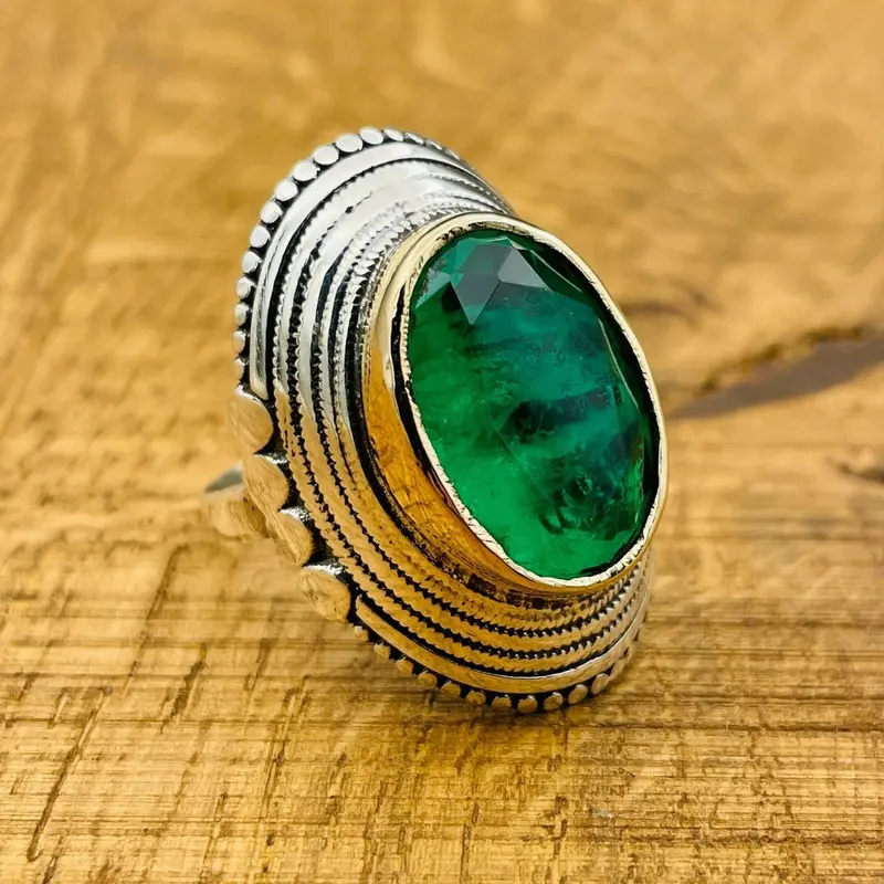 Vibrant Green Paraiba Sterling Silver Ring - Handmade Ottoman Style Statement Jewelry