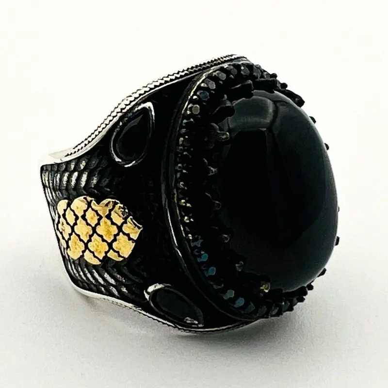 Vintage Ottoman 925 Sterling Silver Men's Black Onyx Gemstone Ring