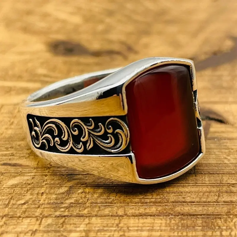 Authentic Handcrafted Men's Red Agate Square Ring | Ottoman Style 925 Sterling Silver Gemstone Jewelry