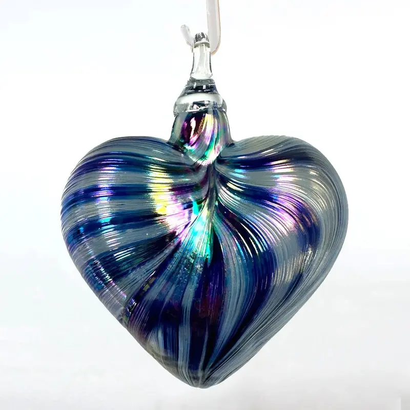 Blue Ribbon Hand Blown Glass Heart Ornament
