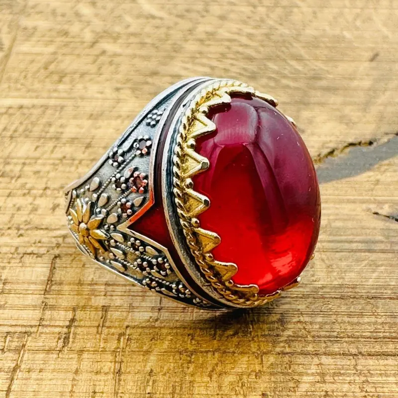 Exquisite Handmade Ottoman Style Men's 925 Sterling Silver Red Topaz Oval Agate Ring
