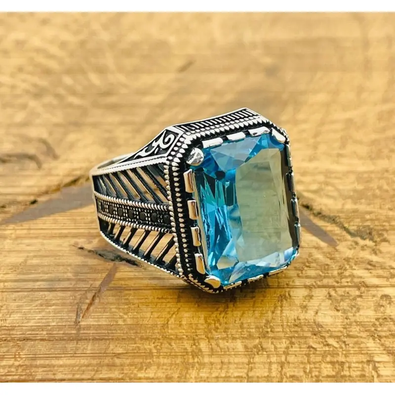 Handcrafted 925 Sterling Silver Men's Aquamarine Square Ring - Authentic Turkish Artisan Jewelry