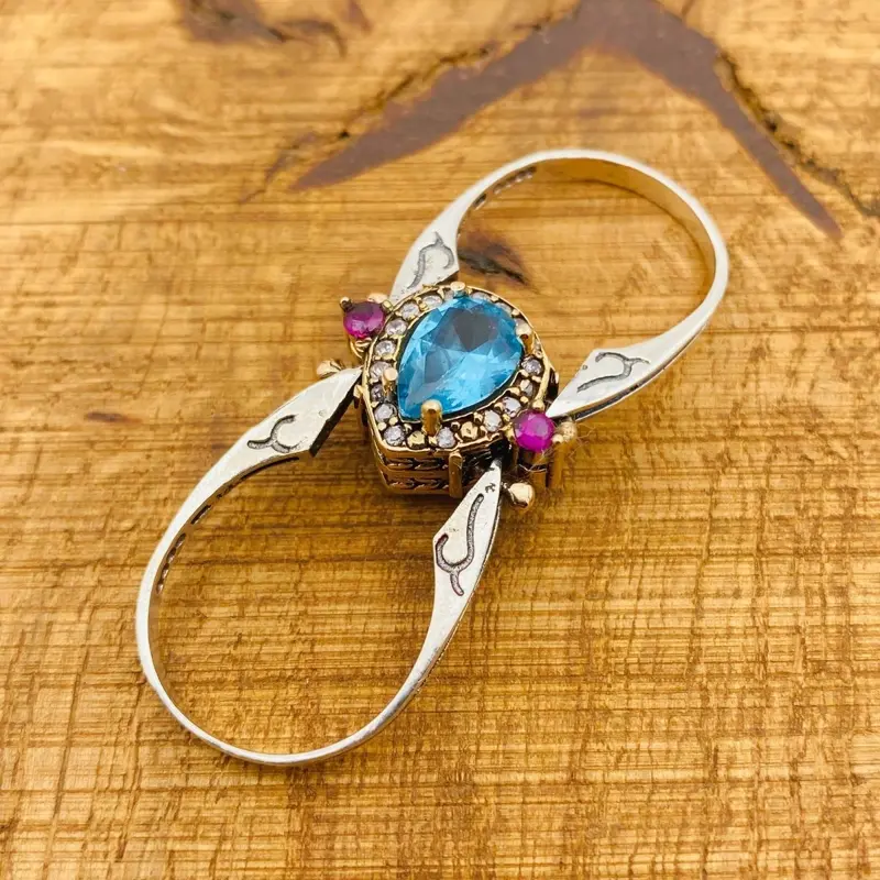 Handcrafted 925 Sterling Silver Reversible Ring with Aquamarine & Ruby Gemstones