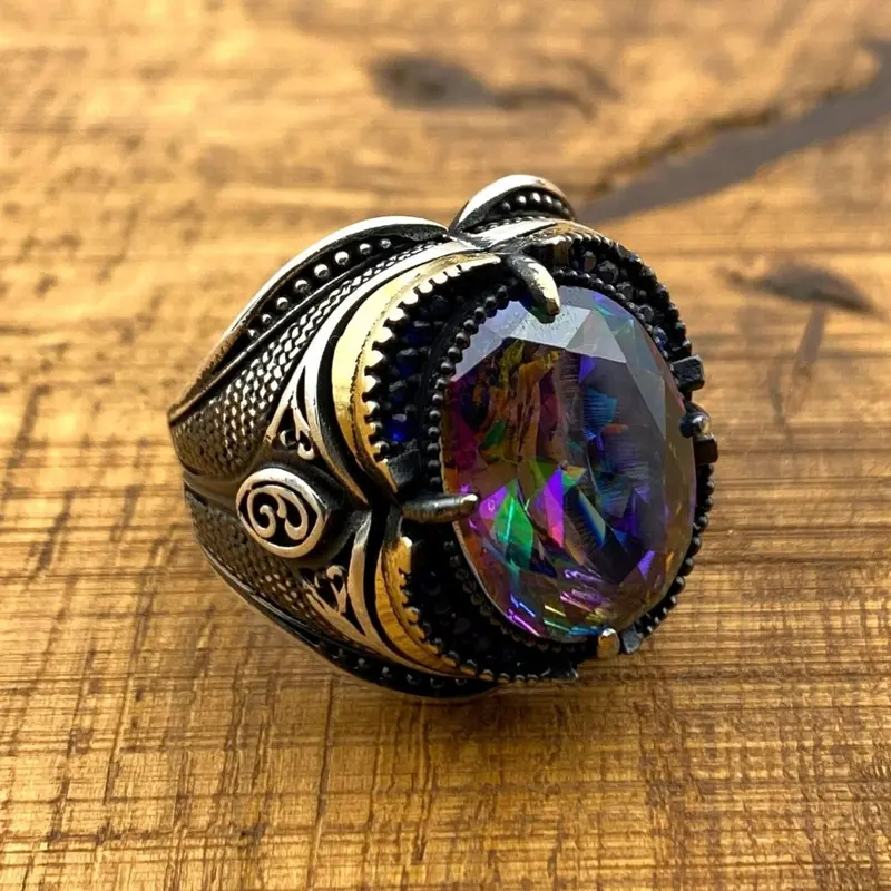 Handcrafted Men's 925 Sterling Silver Mystic Topaz Ring - Bold Statement Piece