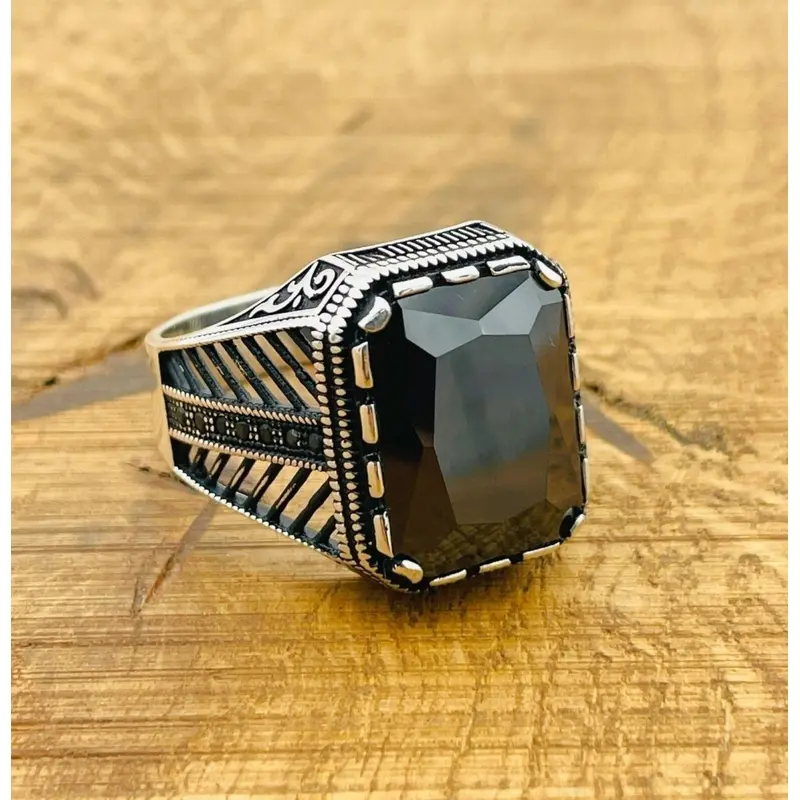 Handcrafted Men's Ottoman Style Black Zircon 925 Sterling Silver Ring
