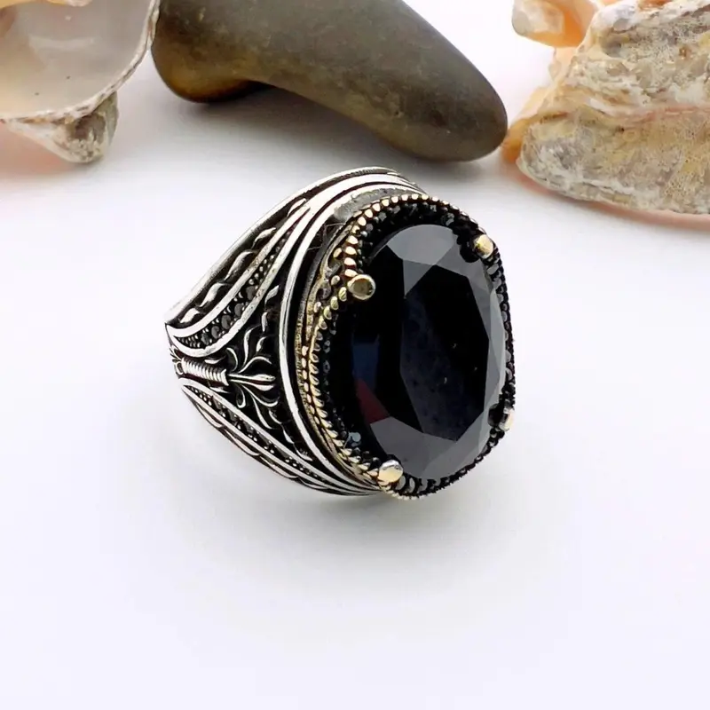 Handcrafted Ottoman Men's Onyx Oval Ring | Authentic 925 Sterling Silver Vintage Style