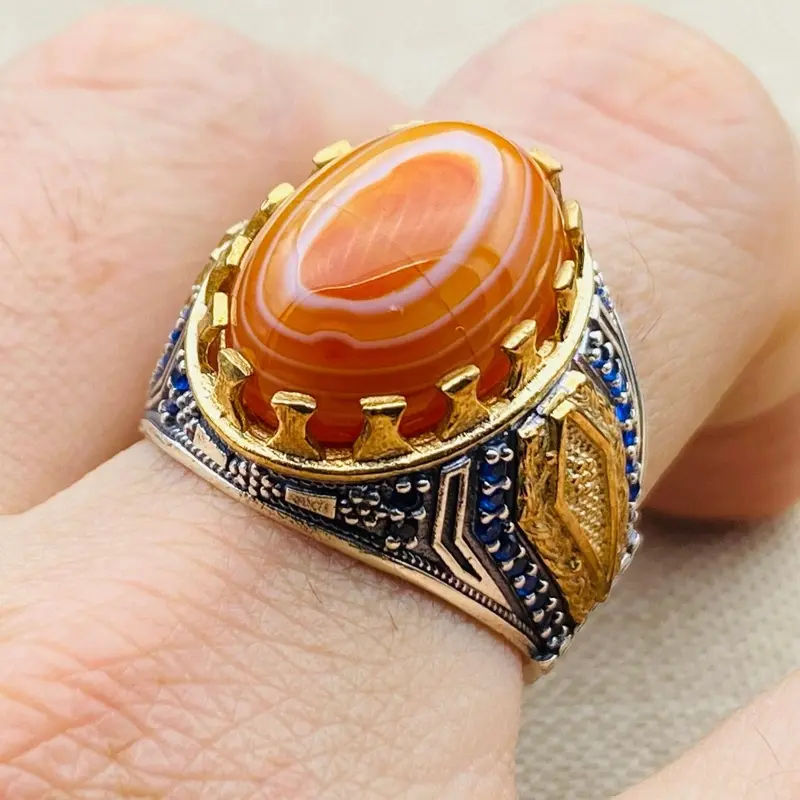 Handmade Men's Orange Agate Sterling Silver Ring - Unique Turkish Design Gift