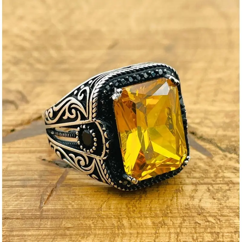 Handmade Ottoman Design Men's 925 Sterling Silver Ring with Yellow Square Citrine - Elegant Gift