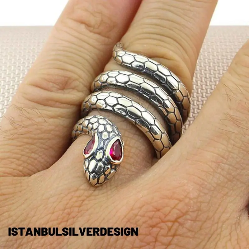Handmade Vintage 925 Sterling Silver Snake Ring with Red Stone Eyes - Unisex Serpent Jewelry