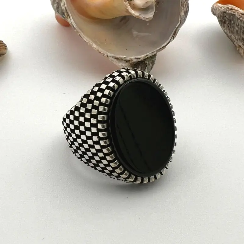 Men's Handcrafted 925 Sterling Silver Black Onyx Oval Ring - Authentic Ottoman Style Jewelry Gift for Him
