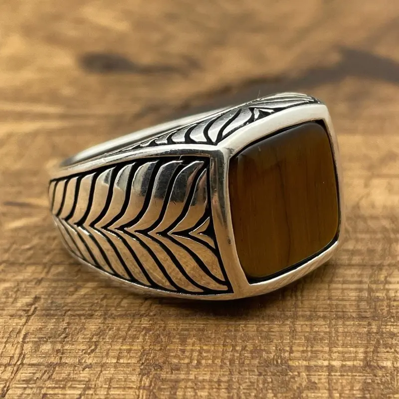 Men's Handcrafted Ottoman Style 925 Sterling Silver Tiger Eye Ring