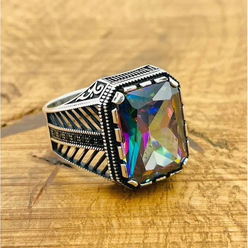 Men's Handcrafted Ottoman Style Mystic Topaz 925 Sterling Silver Ring - Unique Artisan Gift