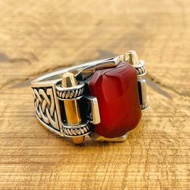 Men's Handcrafted Red Square Agate Ring | 925 Sterling Silver Ottoman Design