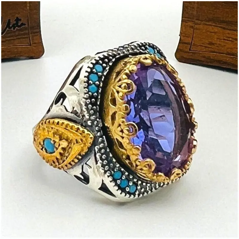Men's Handcrafted Sterling Silver Amethyst Ring | Authentic Ottoman Design | Turkish Artisan Jewelry