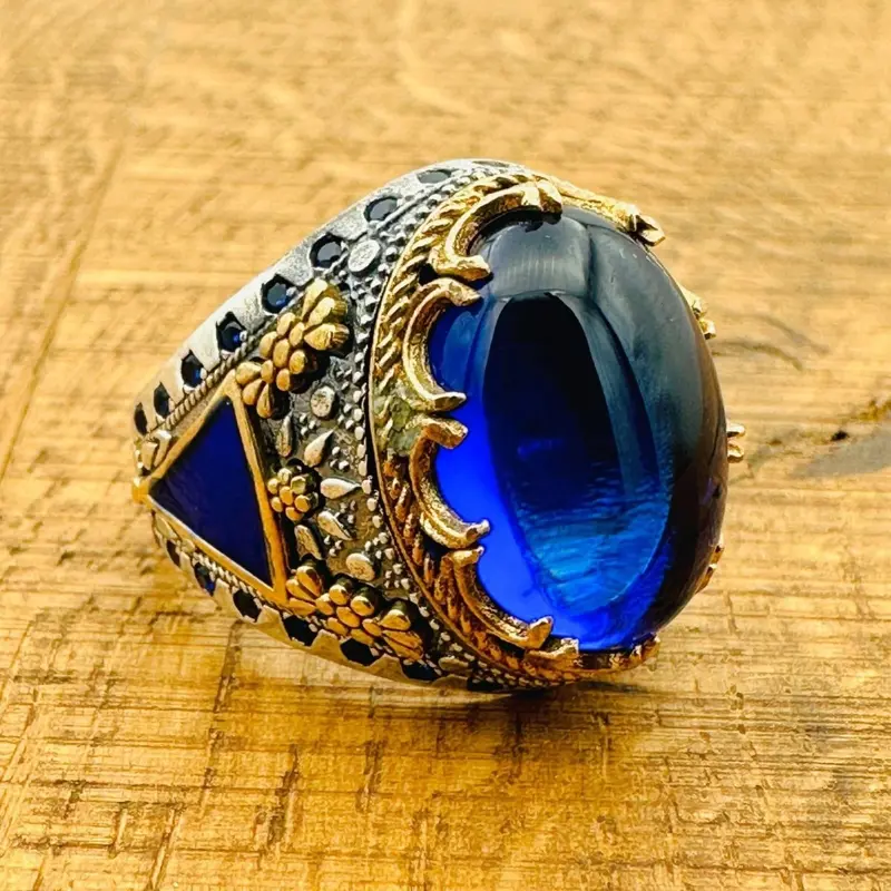 Men's Handcrafted Turkish 925 Sterling Silver Blue Topaz Oval Ring