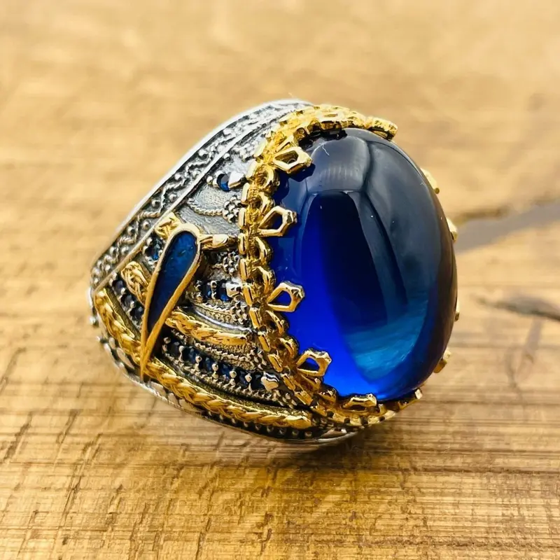 Men's Handcrafted Turkish 925 Sterling Silver Blue Topaz Oval Ring - Authentic Statement Jewelry for Him