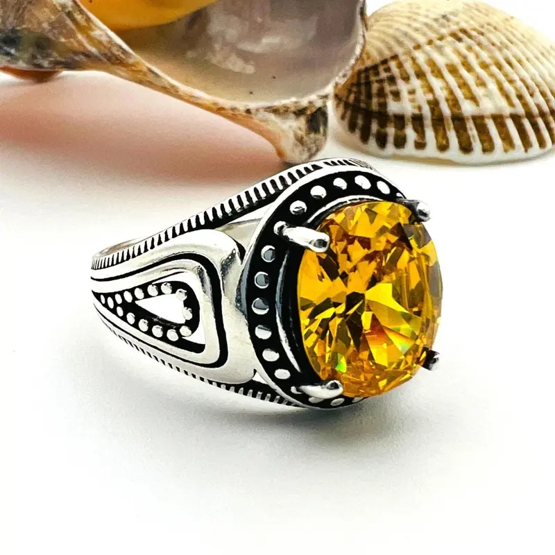 Men's Handcrafted Turkish Ottoman 925 Sterling Silver Yellow Citrine Statement Ring