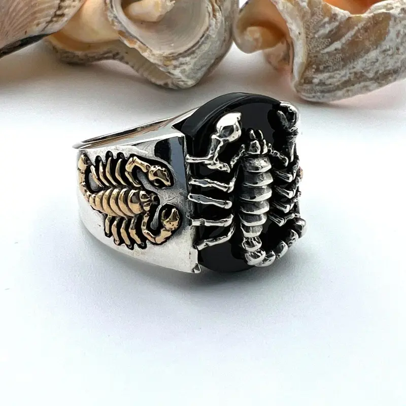 Men's Handmade 925 Sterling Silver Black Onyx Scorpion Ring - Ottoman Style Statement Jewelry