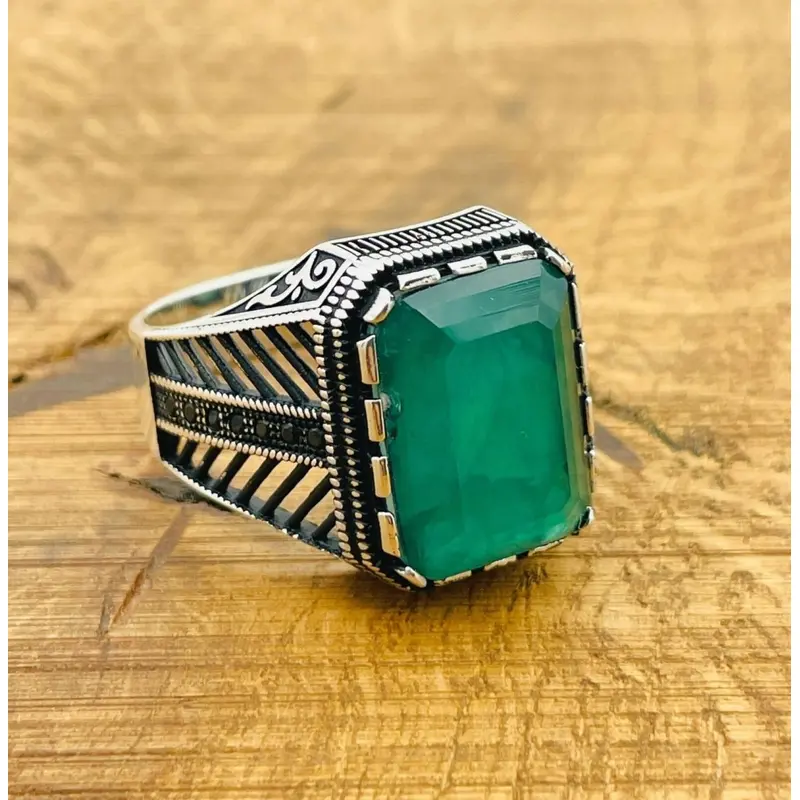 Men's Handmade 925 Sterling Silver Ring with Green Paraiba Stone | Ottoman Inspired Design