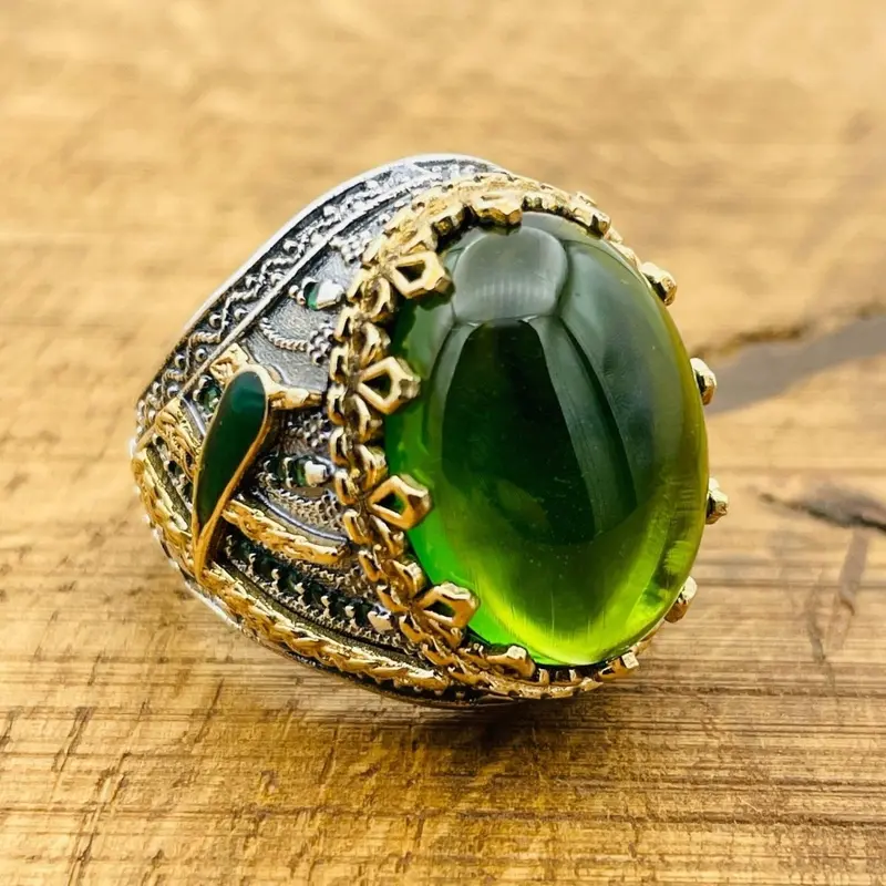 Men's Handmade Green Topaz Oval Ring | 925 Sterling Silver Ottoman Style Statement Jewelry