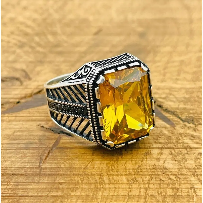 Men's Handmade Ottoman Style Citrine Silver Ring | 925 Sterling Square Stone Jewelry