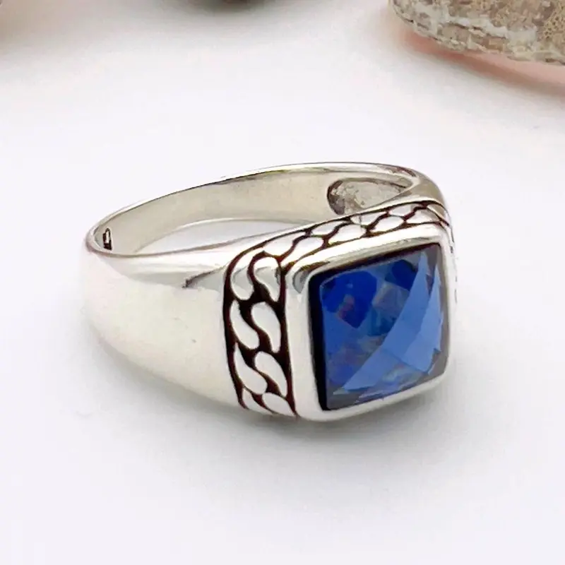 Men's Handmade Turkish 925 Sterling Silver Sapphire Squared Stone Ring