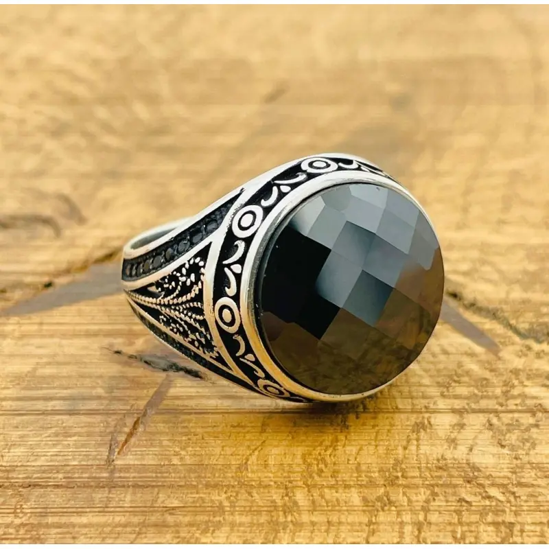 Men's Turkish Handmade 925 Sterling Silver Vintage Black Zircon Square Signet Ring