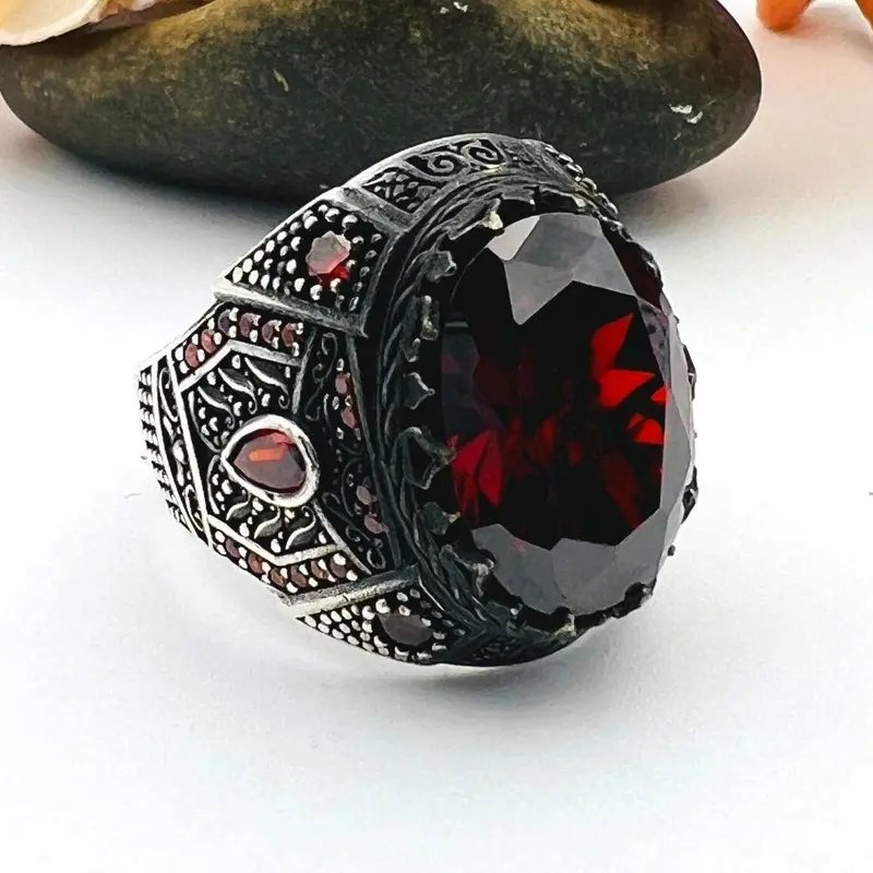 Men's Turkish Handmade Sterling Silver Red Ruby Oval Ring - 925 Gemstone Jewelry Gift for Him