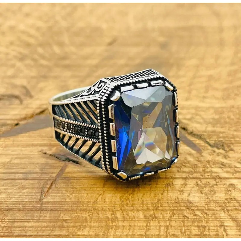 Men's Turkish Handmade Tanzanite Ring | 925 Sterling Silver | Square Blue Gemstone