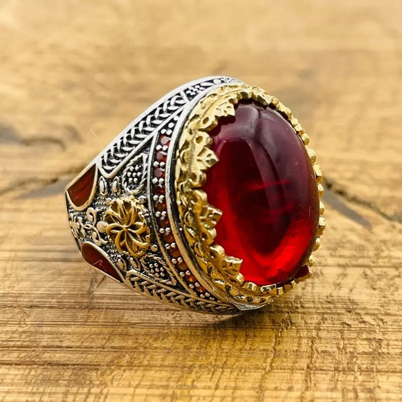 Men's Turkish Red Agate Ring | Handcrafted 925 Sterling Silver Ottoman Design