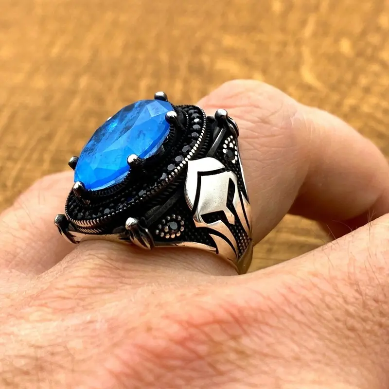 Turkish Handcrafted 925 Sterling Silver Men's Helmet Ring with Vibrant Blue Paraiba Stone
