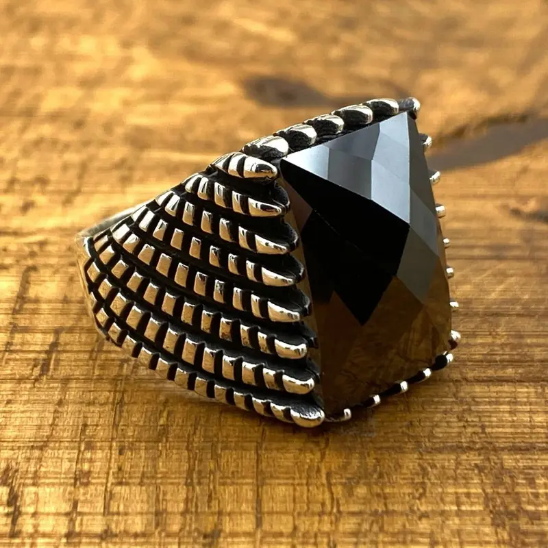 Turkish Handmade 925 Sterling Silver Men's Black Zircon Statement Ring | Unique Gift for Him