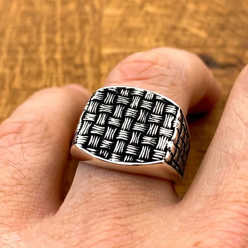 Turkish Handmade 925 Sterling Silver Men's Knitting Pattern Ring - Unique Minimalist Gift for Him
