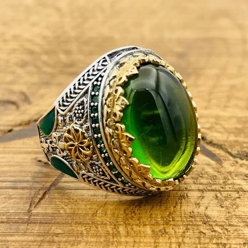 Turkish Handmade Men's Oval Green Topaz 925 Sterling Silver Statement Ring - Gift for Him