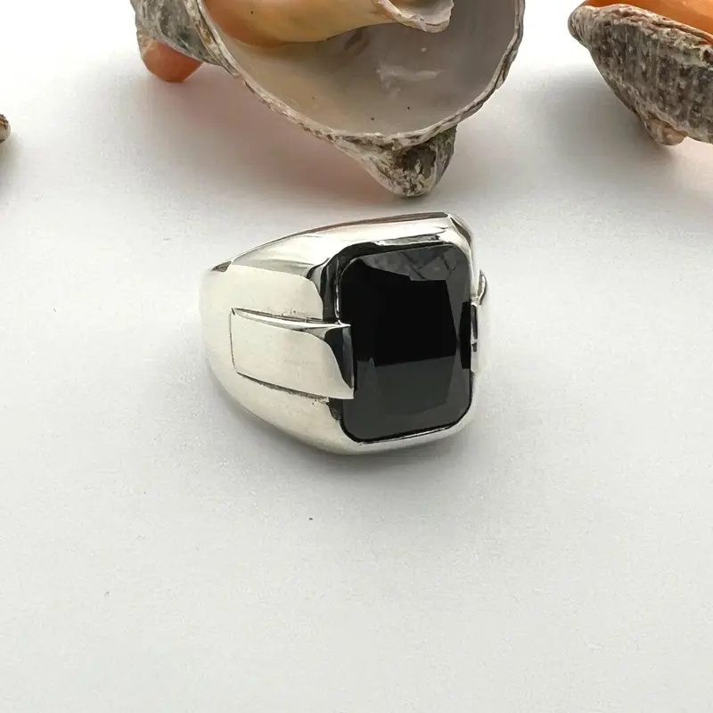 Authentic Turkish Handmade Men's Black Onyx Square Ring - 925 Sterling Silver Statement Jewelry