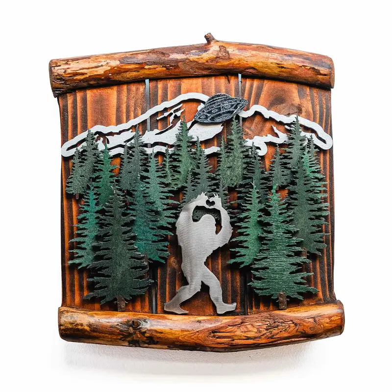 Big Foot Baker UFO Scene Metal Wood Sculpture