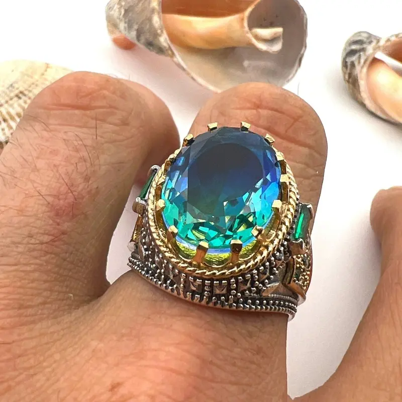 Handcrafted Men's Blue Tourmaline Sterling Silver Ring - Turkish Artisan Jewelry
