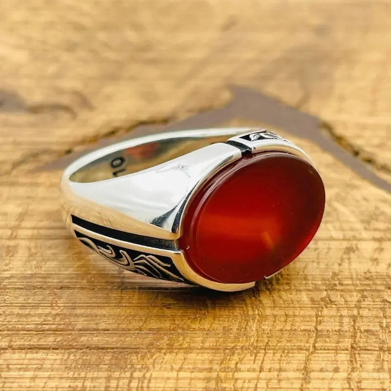 Handcrafted Turkish Men's Red Agate Oval Ring - 925 Sterling Silver Gemstone Jewelry