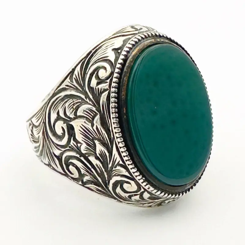 Handmade 925 Sterling Silver Men's Green Agate Ottoman Ring | Turkish Artisan Jewelry