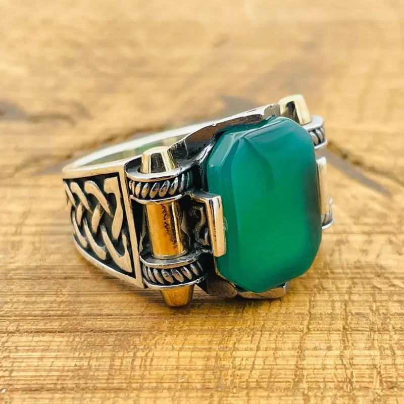 Handmade 925 Sterling Silver Men's Green Agate Square Ring | Artisan Turkish Jewelry Gift for Him