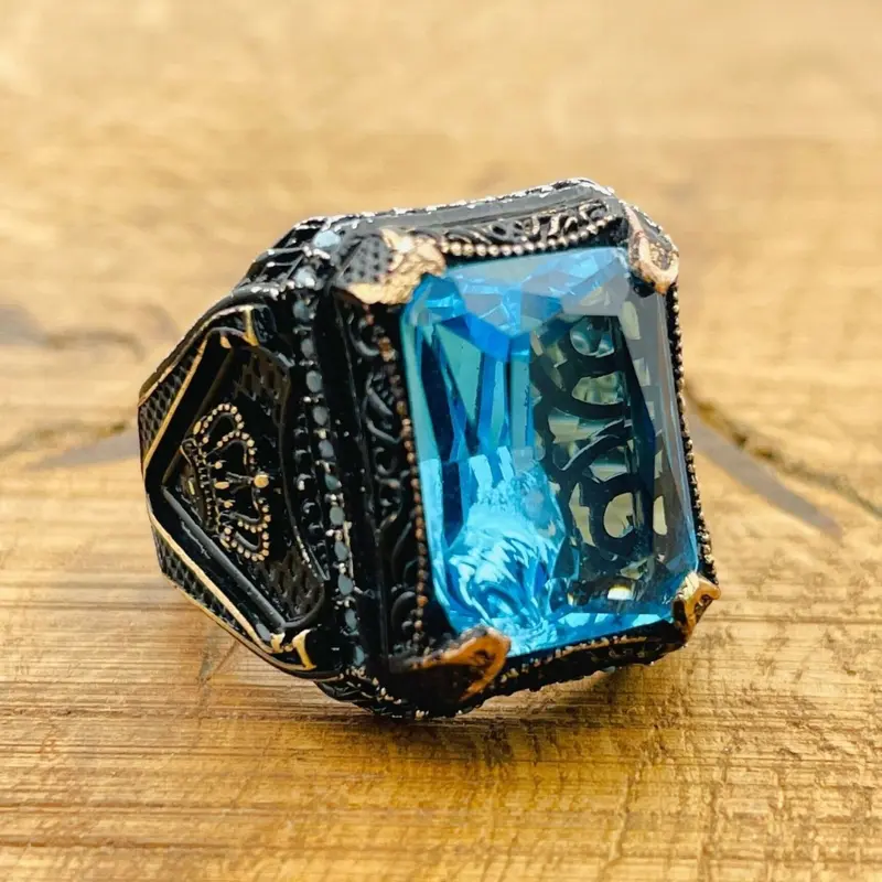 Handmade Men's Aquamarine Square Ring - 925 Sterling Silver Turkish Artisan Jewelry