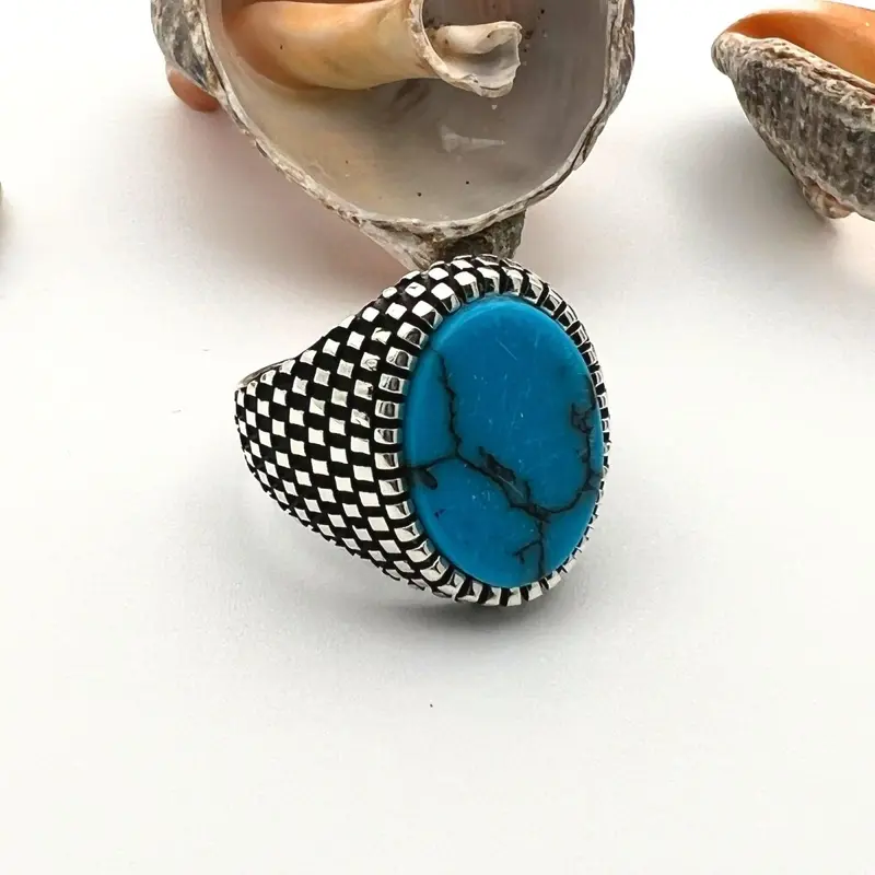 Handmade Men's Sterling Silver Turquoise Ring | Natural Oval Gemstone | Artisan Turkish Jewelry Gift for Him