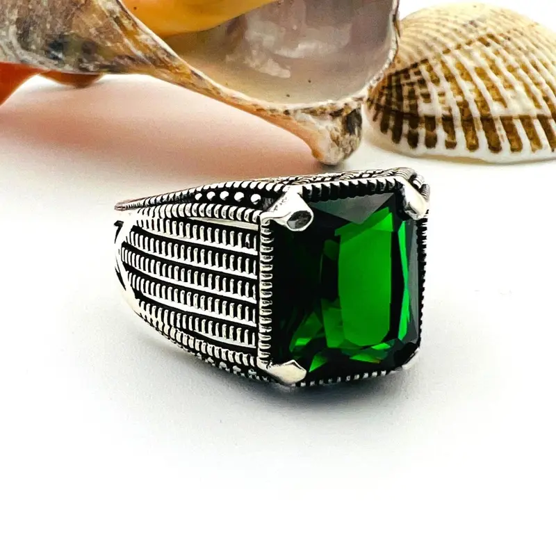 Handmade Sterling Silver Men's Square Green Emerald Ring | Ottoman Inspired Jewelry Gift for Him
