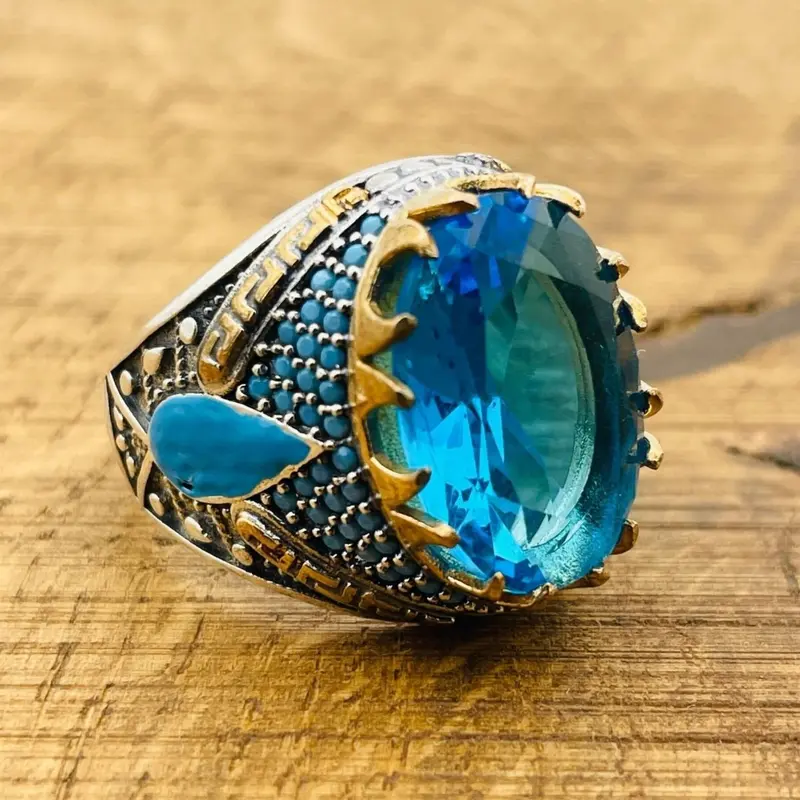 Men's Aquamarine Oval Ring - Handmade Turkish Sterling Silver Statement Jewelry