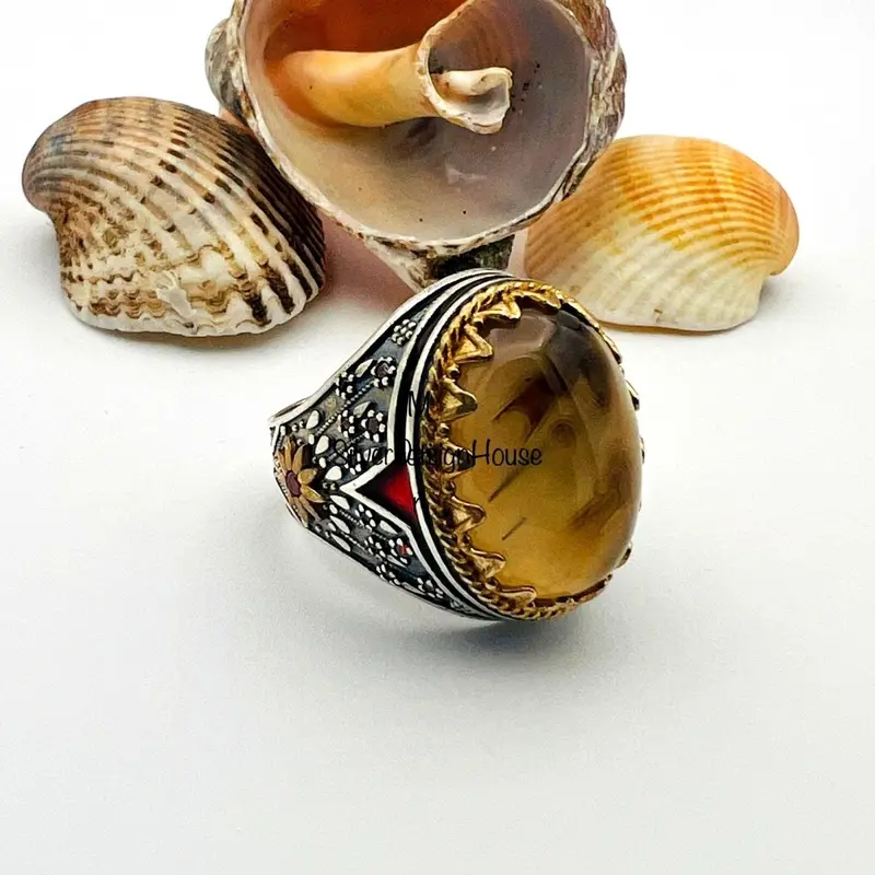 Men's Authentic Yemeni Aqeeq Agate Ring | Handcrafted 925 Sterling Silver Ottoman Style Jewelry Gift